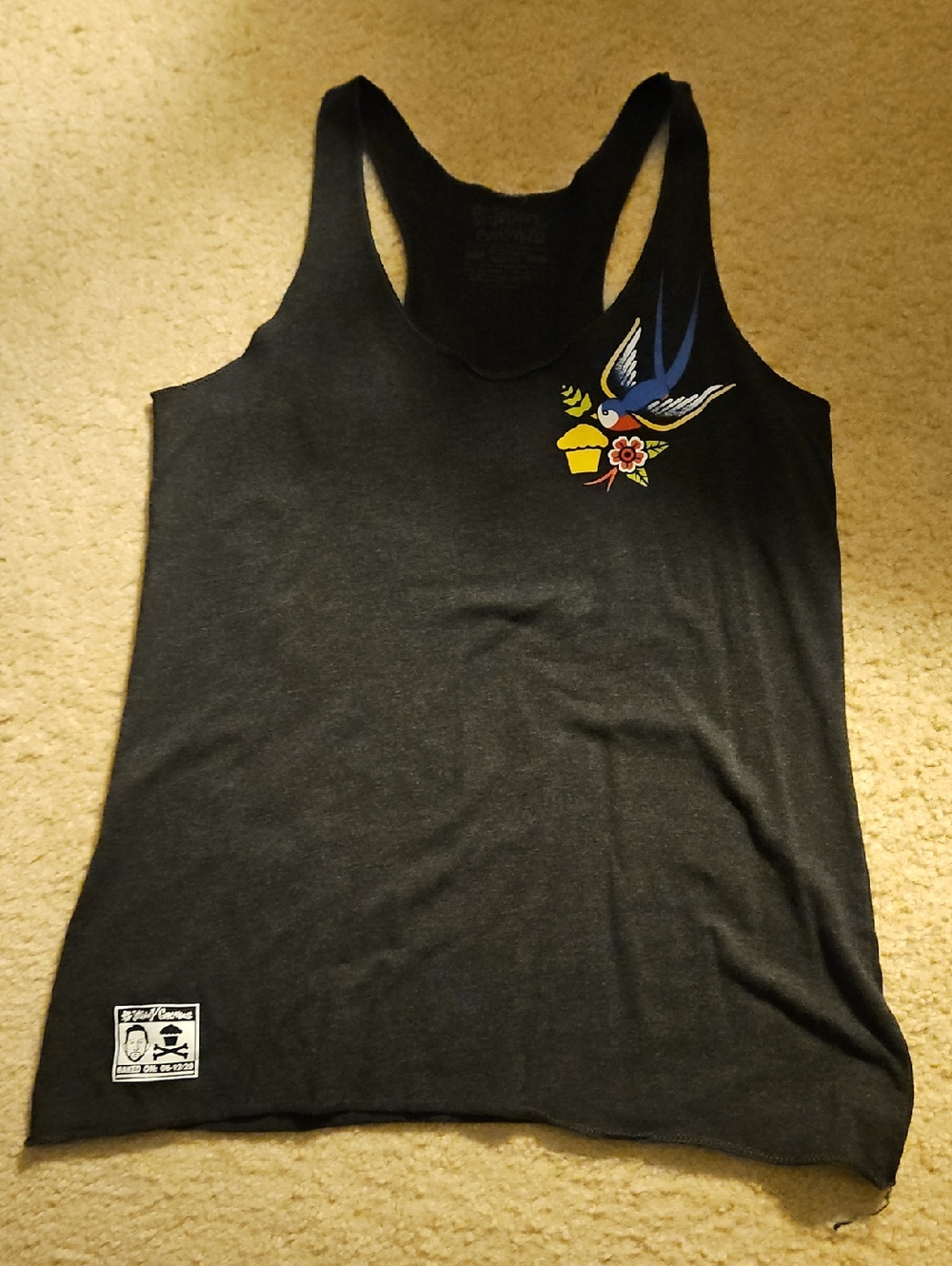 Women's Black Racerback Tank with Swallow & Floral Graphic